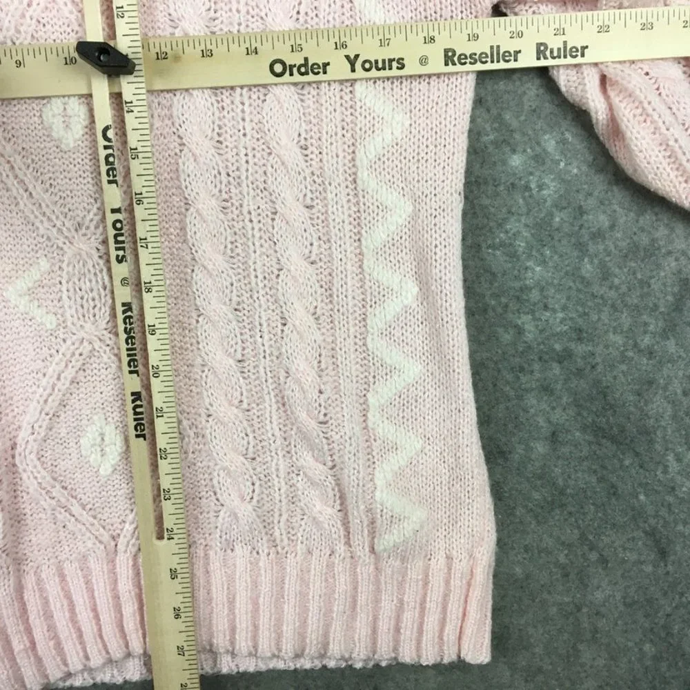 Vintage Grandma Sweater M Pastel Pink Cable Knit Oversized Balloon Sleeve White